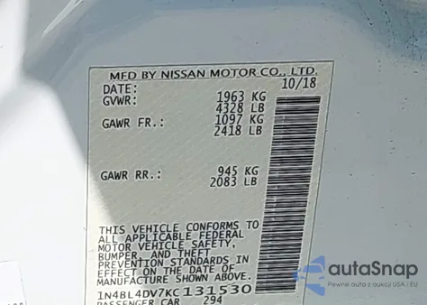 2019 Nissan Altima 2.5 Sv из США, поврежденный, VIN 1N4BL4DV7KC131530